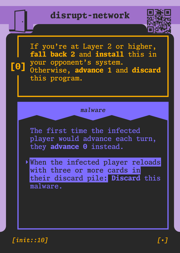 The card disrupt-network, used to illustrate malware subroutines