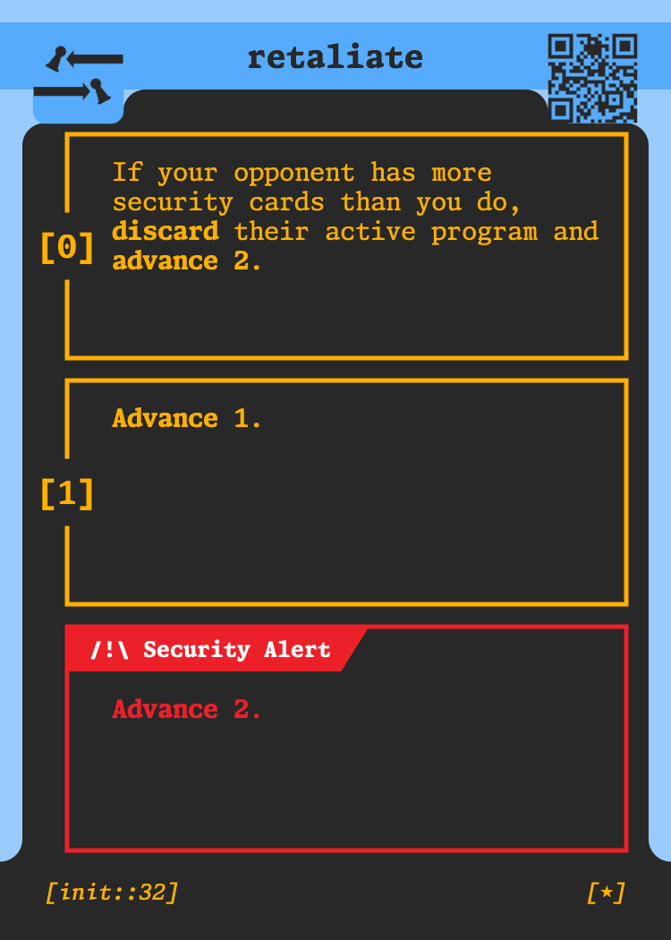 The card retaliate, used to illustrate security alert subroutines